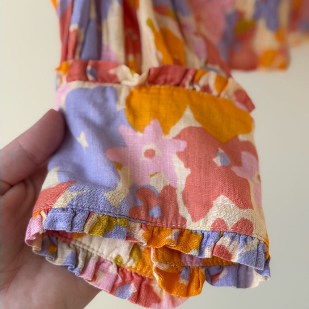 Free People Size Large Floral Smocked Top Cotton Balloon Sleeve Orange Blue Pink - Picture 9 of 16